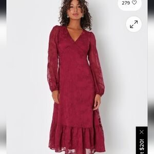 Lulu's Essential Grace Burgundy Chiffon Embroidered Midi Dress